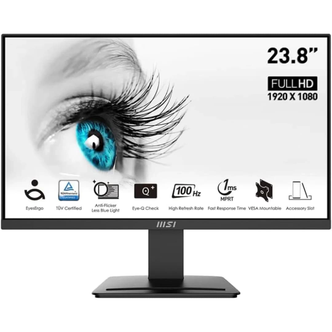 MSI PRO MP2412, 24″, 1920 x 1080 (FHD), FreeSync, 100Hz, TUV Certified Eyesight Protection, 1ms, VESA Mountable, HDMI™ & Display Port (1.2a) Black
