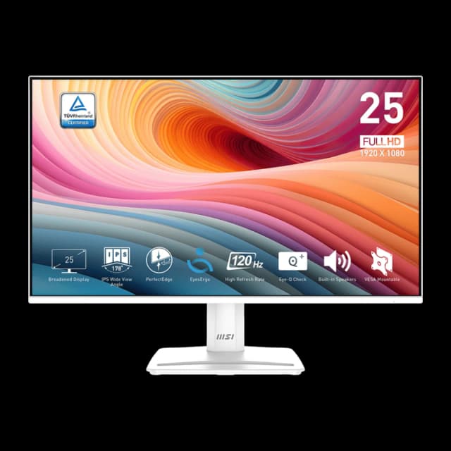 MSI PRO MP251 E2 24.5″ IPS 1920 x 1080 (FHD) Monitor, 120Hz, Adaptive-Synch, HDR Ready, HDMI, VGA Port, Display Port,VESA Mountable – White