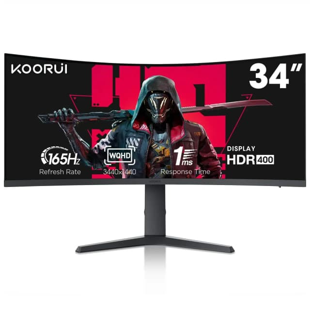 KOORUI 34E6UC 34 INCH ULTRAWIDE CURVED GAMING MONITOR 144HZ 165HZ, 1MS, 1000R, WQHD 3440×1440 ADJUSTABLE STAND
